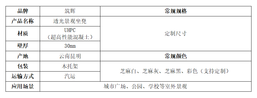 透光坐凳规格说明