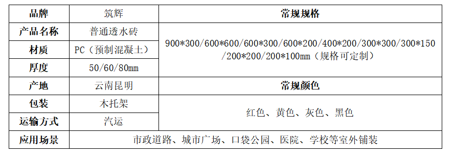 普通透水砖规格说明